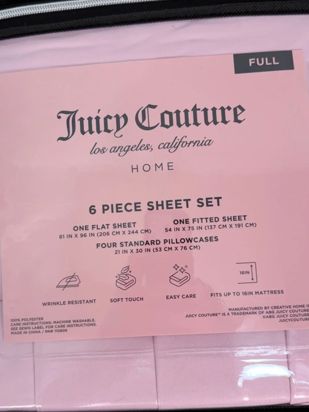 Juicy Couture Pink Full Sheet Set 6 Piece Bedding Set Flat Fitted Sheets